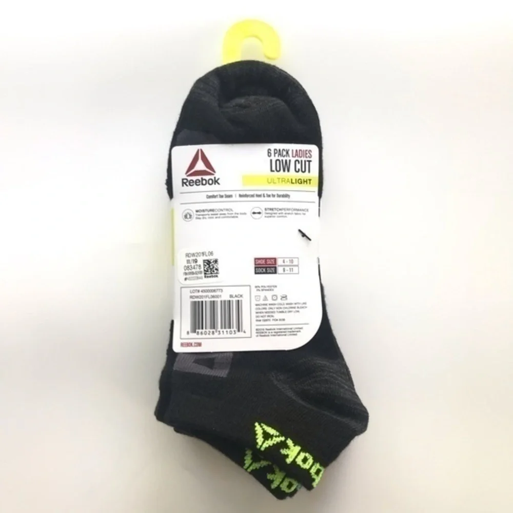 Reebok women’s low cut socks 6 pack size 4- 10 black yellow orange pink blue